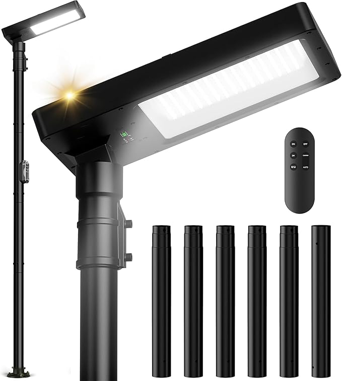 100" Solar Lamp Post Lights with Pole & Remote, Outdoor IP65 Waterproof 420 LEDs Solar Street Lights, Black Metal Flood Solar Motion Pathway Lights for Yard, Garden, Patio, Lawn, Garage