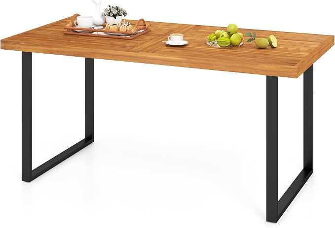 HAPPYGRILL Acacia Wood Patio Dining Table with Umbrella Hole (1.97”), Outdoor Wooden Table for 4-6 People, for Backyard Deck Porch