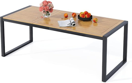HAPPYGRILL 8-Person Outdoor Acacia Wood Dining Table, 79" x 35.5" Rectangular Patio Dining Table with 2" Umbrella Hole and Sturdy Metal Frame, Outdoor Patio Table for Garden, Deck and Backyard
