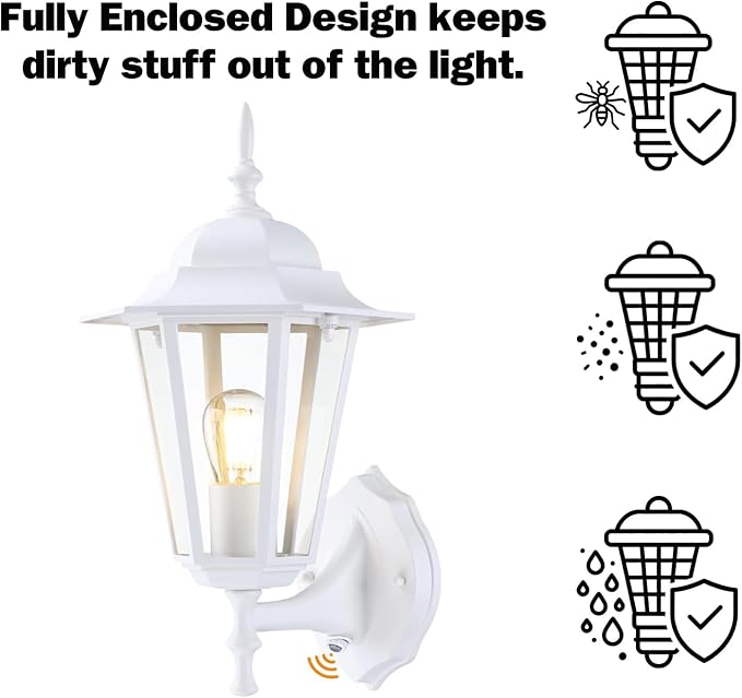 GRUENLICH Outdoor Wall Light Fixture, Rustproof Aluminum, Glass | Dusk to Dawn Exterior Porch Light Wall Sconce Lantern for House, Patio, Garage, Waterproof, E26 Socket 60W Max, White, 2 Pack