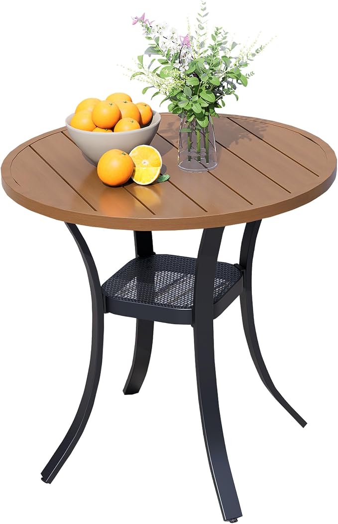 27.6" Round Patio Table, Metal Outdoor Dining Table for Garden, Backyard and Deck, Small Round Patio Dining Table for Outside, Walnut