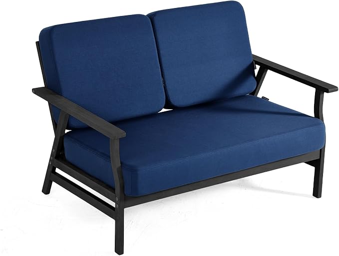 3 Pieces Patio Furniture Sets, Black Wood Outdoor Sectional Furniture with Coffee Table, 5 Seats Patio Sofa Couch Conversation Set for Backyard Deck - Navy