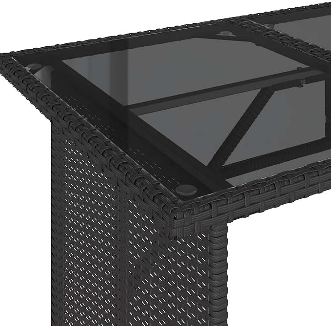 Black Poly Rattan Garden Table with Tempered Glass Outdoor Table and Powder-Coated Steel Garden Frame for Patio Dining