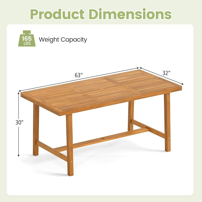 HAPPYGRILL Outdoor Acacia Wood Dining Table 63”, Patio Wooden Table for 6, with Slatted Tabletop, 1.97” Umbrella Hole & Cover, for Backyard, Deck, Porch