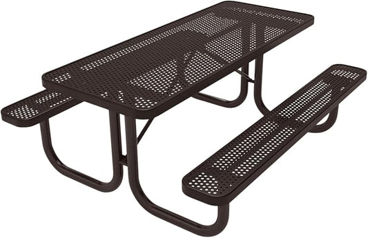 COATEDOUTDOORFURNITURE Heavy-Duty Portable Outdoor Picnic Table, Thermoplastic Coated Punched Steel Commercial-Grade Patio Furniture Made in America (6ft Rectangular, Brown with Brown Frames)
