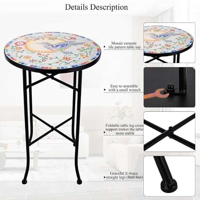 Mosaic Outdoor Side Table Small Round Patio Table Plant Stand | 21" Accent End Table with 14" Ceramic Tile Top for Small Spaces Porch Pool Garden Decor Indoor Living Room Bedroom Balcony