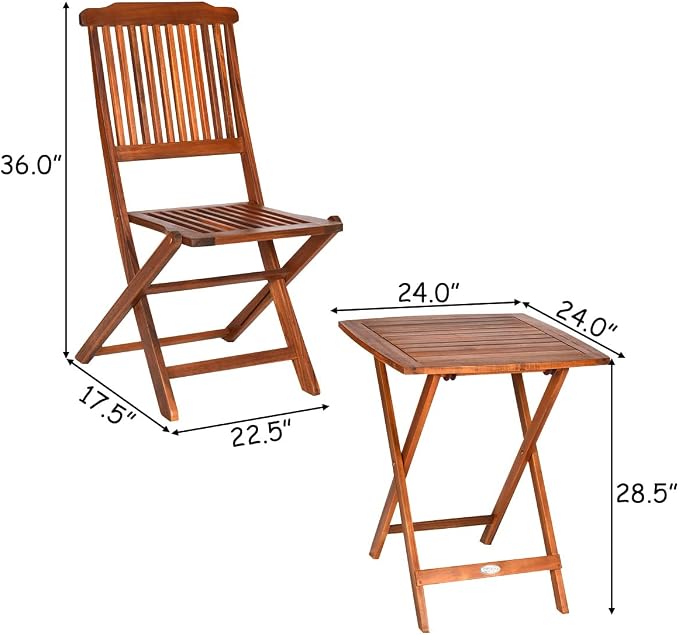 3PCS Patio Folding Wooden Bistro Set Cushioned Chair Conversation Table Seat Cushion