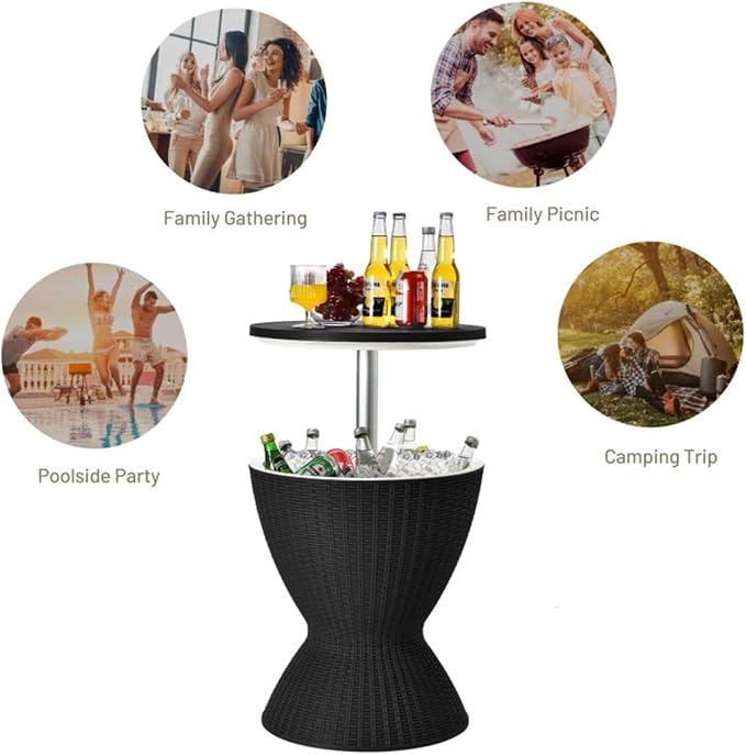 Black Side Table Outdoor Ice Cooler Side Table, 8 Gallon 2-Height Adjustable Portable Beverage Cooler, All-Weather Patio and Beach Party Drink Table, Patio Furniture Cooler Tables for Backyard Parties