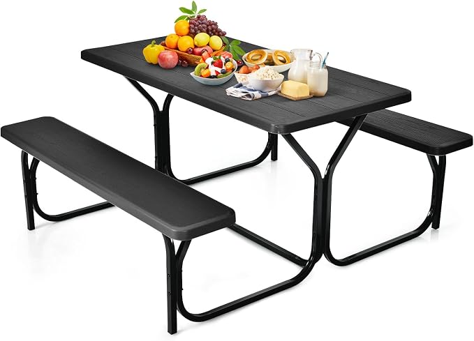 Picnic Table, Camping Portable Picnic Table Bench Set for 4 Persons, Heavy-Duty Steel Frame & Resin Tabletop, All Weather Outdoor Picnic Tables for Patio Travel BBQ Party Garden (Black)