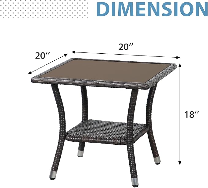 Super Patio Outdoor Side Table, 20" Square Wicker End Table, Tempered Glass Top Coffee Table with Storage, Aluminum Frame-Brown
