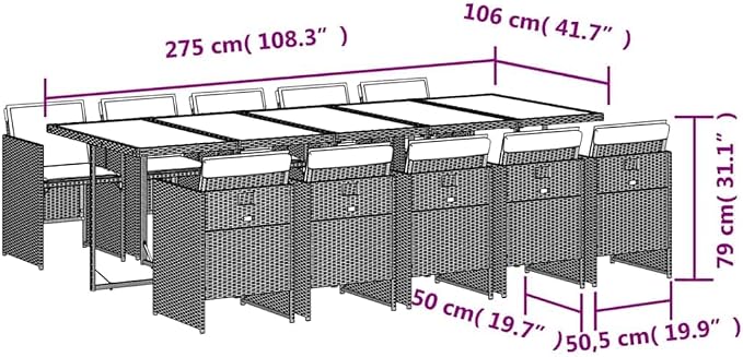 10-Seater Garden Dining Set, Black PE Rattan Patio Furniture with Tempered Glass Table, Foldable Chairs for Outdoor Backyard Deck