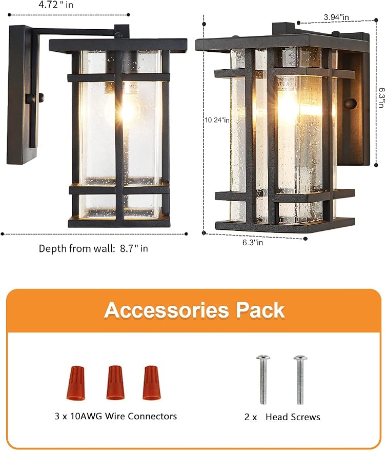 Retro Outdoor Wall Light Small Outside Wall Lamp with Clear Seeded Glass Shade 10"H Exterior Light Fixtures Wall Mount IP65 Waterproof Outdoor Porch House Lighting Exterior Wall Lantern E26 Black