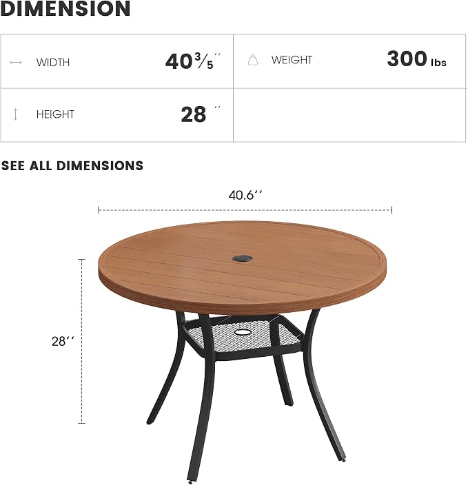 Patio Dining Table for 4, Round Metal Outdoor Table with Storage Shelf, 1.57" Umbrella Hole, 41" Outdoor Slat Tabletop Dining Table for Backyard, Porch, Lawn, Walnut