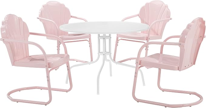 Crosley Furniture Tulip 5-Piece Outdoor Dining Set for 4, Retro Metal Round Patio Table and Chairs for Deck, Pastel Pink Gloss