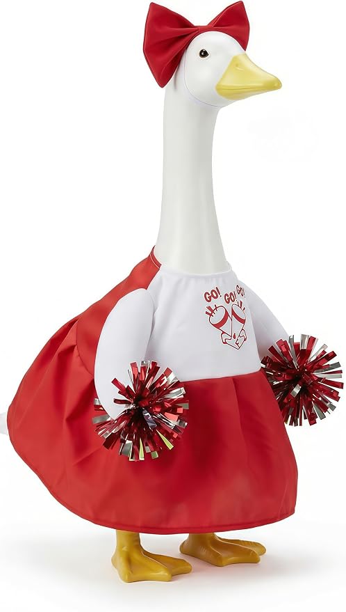 Cheerleader Porch Goose Outfits, Red Goose Outfit with Pom Poms & Bow for 23 Inch Goose Statue, Festive Goose Costume for Garden Porch Yard Lawn Patio Decor