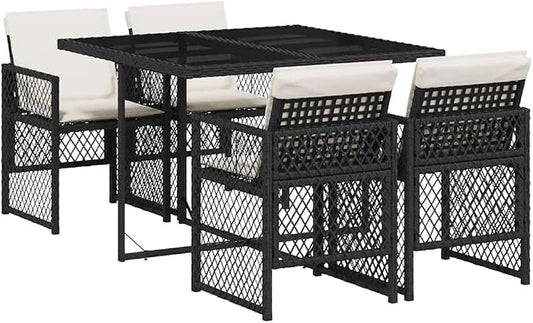5-Piece Poly Rattan Garden Dining Set with Black Frame and Cream White Cushions, Rectangular Tempered Glass Table and 4 Folding Chairs for Patio Backyard