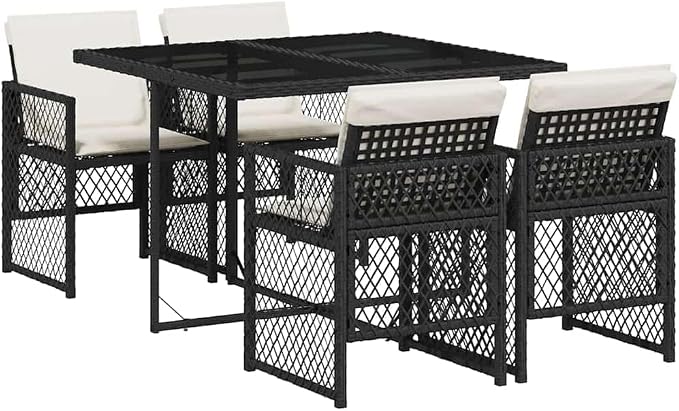 Garden Dining Set Black Cream White 5 Piece Patio Furniture with Tempered Glass Table and 4 Folding Chairs Outdoor Rattan Seating for Backyard Porch Deck UV Resistant