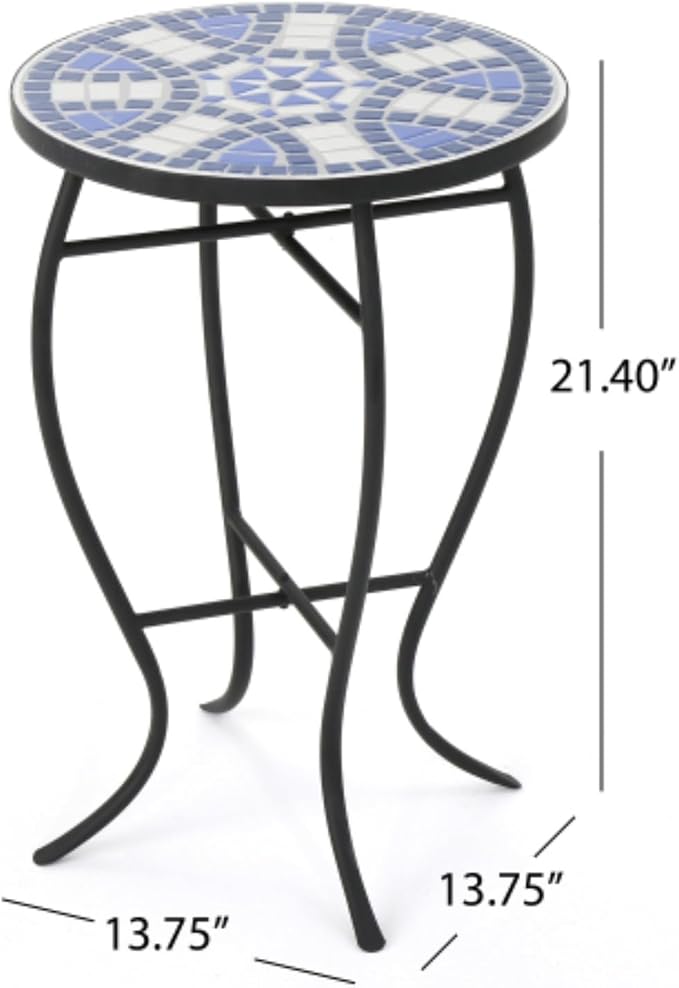 Mosaic Side Table and Plant Stand, 21" Round End Table with 14" Ceramic Tile Top, Indoor & Outdoor Accent Table, Porch Patio Furniture, Entryway & Coffee Table for Home & Garden, (Blue -1)