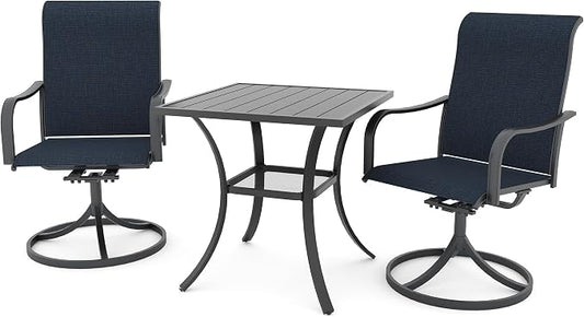 Anmutig 3-Piece Outdoor Patio Dining Set, 27.5" Square Table with 2 Swivel Rocking Patio Chairs Furniture Set for Kitchen Garden, Backyard, Blue