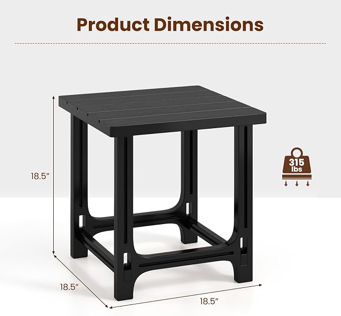 Tangkula Outdoor Adirondack Side Table, 18" Heavy Duty HDPE Patio End Table with Slatted Surface, 0-Screw Assembly, Easy Maintenance, Small Outdoor Side Table for Porch, Pool, Garden, Deck (Black,1)