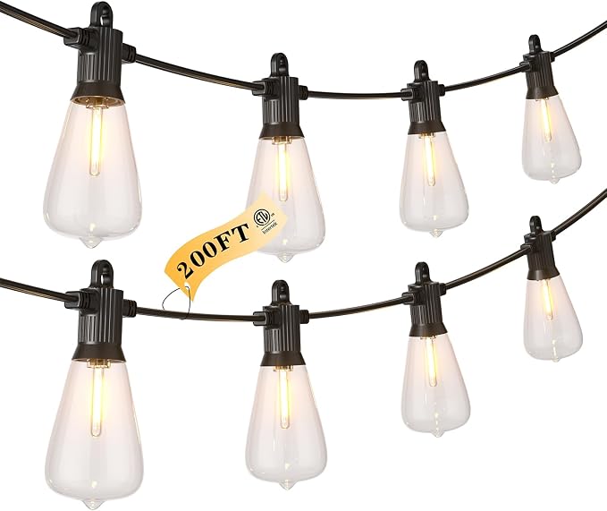 Kawaya 200FT LED Outdoor String Lights, Dimmable Waterproof Shatterproof Vintage Patio Lights with 100+4 Bulbs, Commercial Grade for Backyard, Garden, Bistro, Cafe & Party