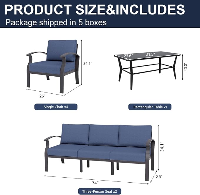Kurapika Aluminum Patio Furniture Set 10-Seat Modern Metal Outdoor Conversation Sets w/5.1 Inch Cushion Patio Sectional Sofa with Rectangular Coffee Table, Navy Blue