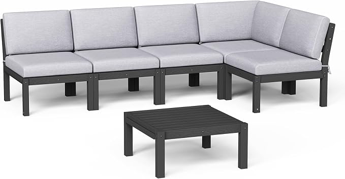 Modular Outdoor Patio Conversation Set, 6-Piece L-Shaped Sectional Sofa Set with Coffee Tables & Thick Cushions, Easy Side Interlock, HIPS All-Weather Patio Furniture Set for Backyard, Deck, Poolside