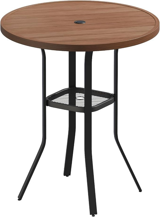 VICLLAX 35.5" Round Outdoor Bar Table, Bar Height Patio Table with Adjustable Umbrella Hole for Balcony, Walnut Wood-Like