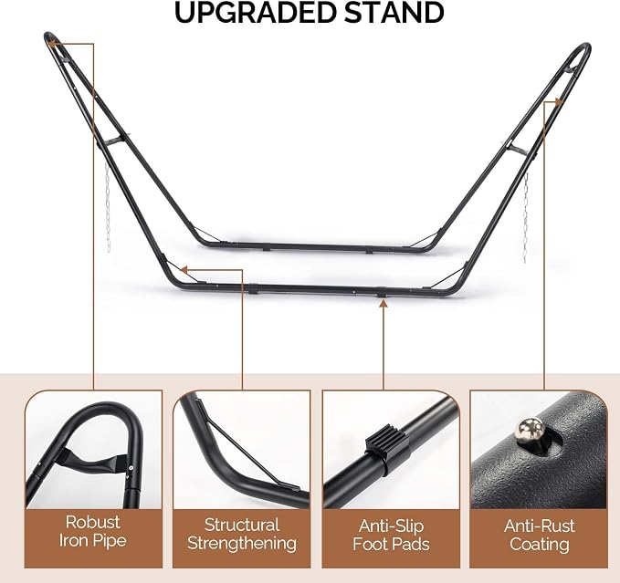 Double Hammock with Stand 450 LBS Capacity Steel Stand, Heavy Duty Outdoor Hammock for Patio, Garden Yard, Backyard, Beach (Gray)