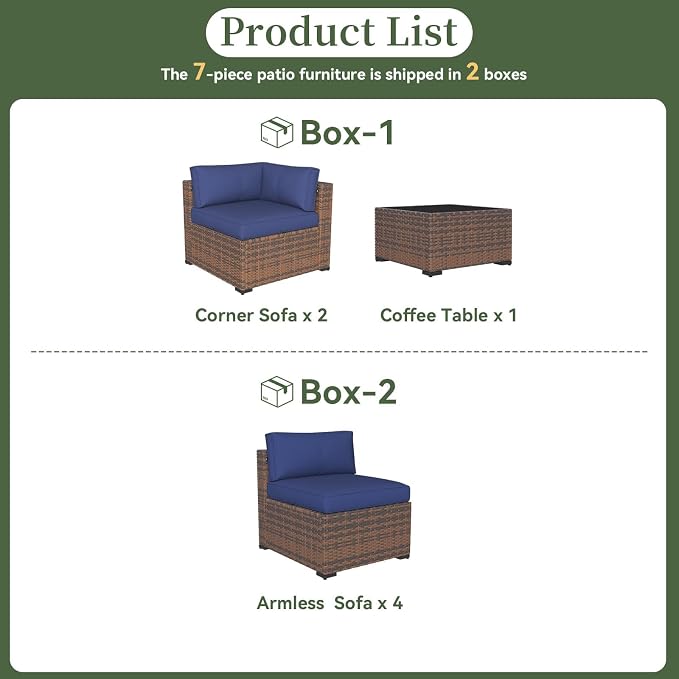 Aoxun 7 Piece Patio Furniture Set Wicker Rattan Patio Conversation Set Outdoor Sectional Sofa Set with Coffee Table and Thickened Cushions, Blue