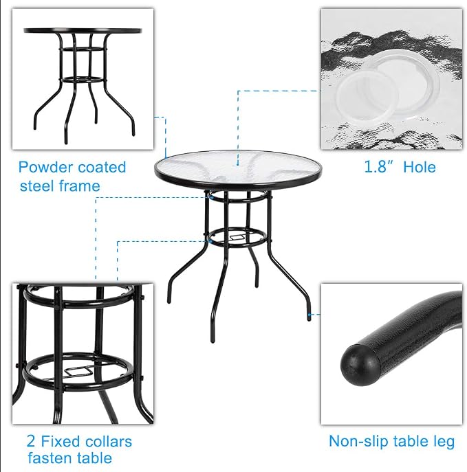 Outdoor Dining Table Round 31.5 Inch - Toughened Glass Top with Powder-Coated Steel Base - Garden Patio Table Water Ripple Design - All-Weather Yard Coffee Table for Indoor Outdoor Use