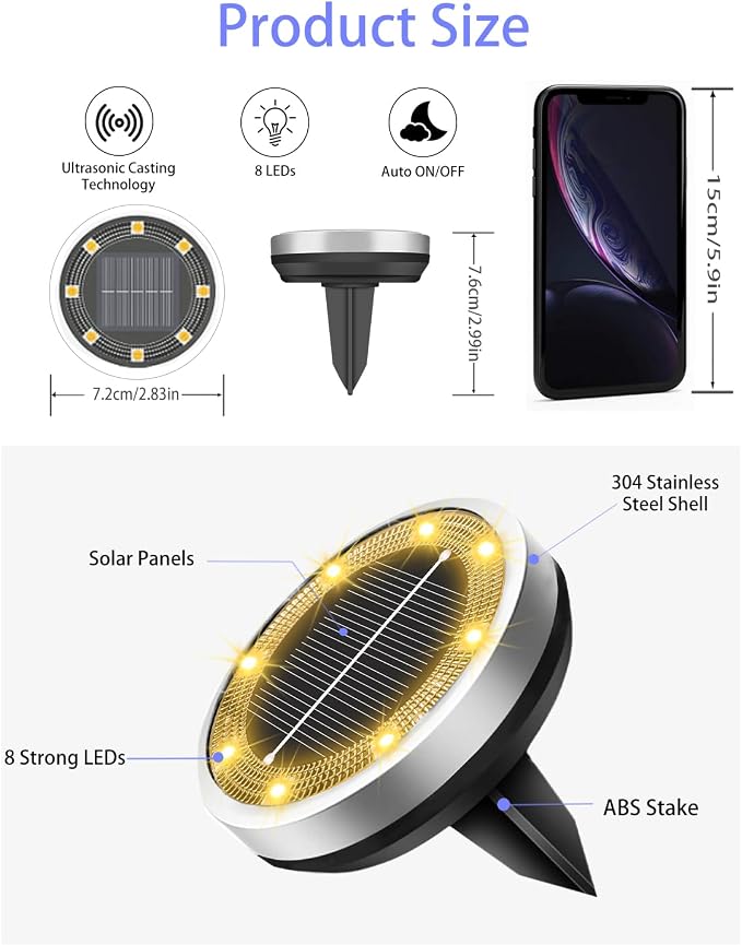 Solar Lights Outdoor Waterproof, 12 Pack 8 LED, Thickened Stainless Steel Ground Light, Solar Garden Lights Landscape Lighting for Patio Pathway Lawn Yard Deck Driveway Walkway, Warm White