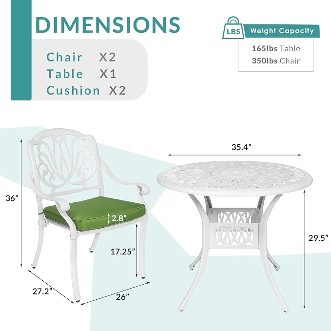MEETWARM 3 Piece Patio Bistro Set, Outdoor All-Weather Cast Aluminum Dining Furniture Set Includes 2 Cushioned Chairs and a 35.4” Round Table with Umbrella Hole for Garden Deck, White