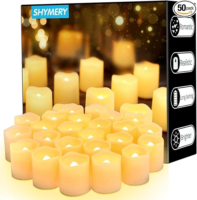 SHYMERY Flameless Votive Candles,50 Pack Flickering Electric Fake Battery Operated LED Candles,200+Hour Long Lasting LED Tea Lights for Wedding,Halloween,Christmas,Party and Holiday Decoration