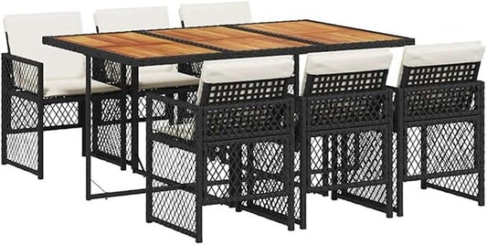 Afuera Living 7-Piece Poly Rattan Garden Dining Set, Black/Cream White, Acacia Wood Table, UV-Resistant Foldable Chairs, Removable Cushion Covers, Modern Style Outdoor Dining Patio Furniture, Seats 6