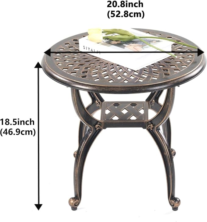 Round Outdoor Coffee Table Set of 2, Cast Aluminum Side Table with Storage,Indoor End Table, All-Weather Bistro Table for Patio Garden Lawn, Bronze