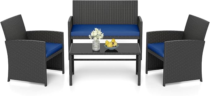 RELAX4LIFE 4-Piece Patio Furniture Set - Wicker Rattan Outdoor Sectional Sofa Set w/Glass Coffee Table, Loveseat, 2 Chairs & Soft Cushions, Bistro Conversation for Garden Porch (1, Black-Navy)