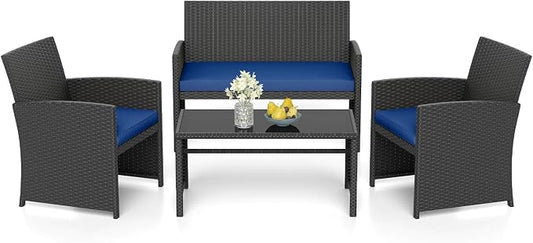 RELAX4LIFE 4-Piece Patio Furniture Set - Wicker Rattan Outdoor Sectional Sofa Set w/Glass Coffee Table, Loveseat, 2 Chairs & Soft Cushions, Bistro Conversation for Garden Porch (1, Black-Navy)