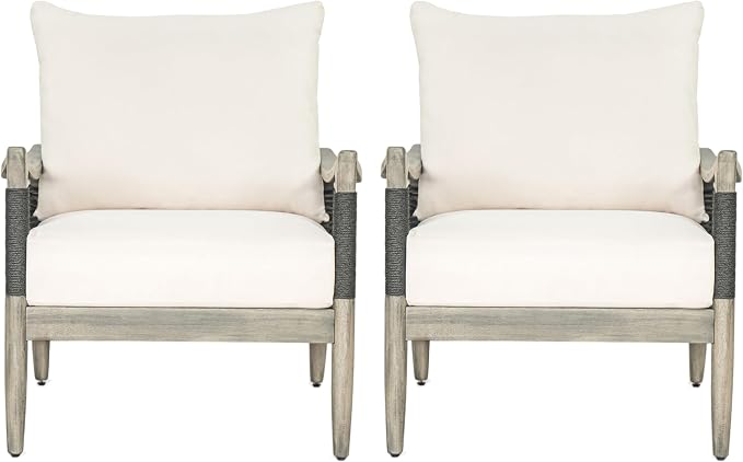 Merax Set of 2 Acacia Wood Patio Club Chairs with Cushions | Grey Acacia Frames, Dark Grey Woven Rope, 6-Inch Seat Cushions And Deep Seating For Porch, Garden, Backyard Or Balcony