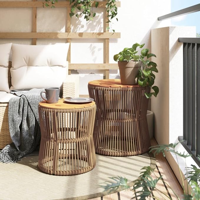 Patio Side Tables 2 Pcs with Wooden Top Beige Poly Rattan, Acacia Wood Outdoor End Tables Set, Powder-Coated Steel Frame for Garden Backyard Patio