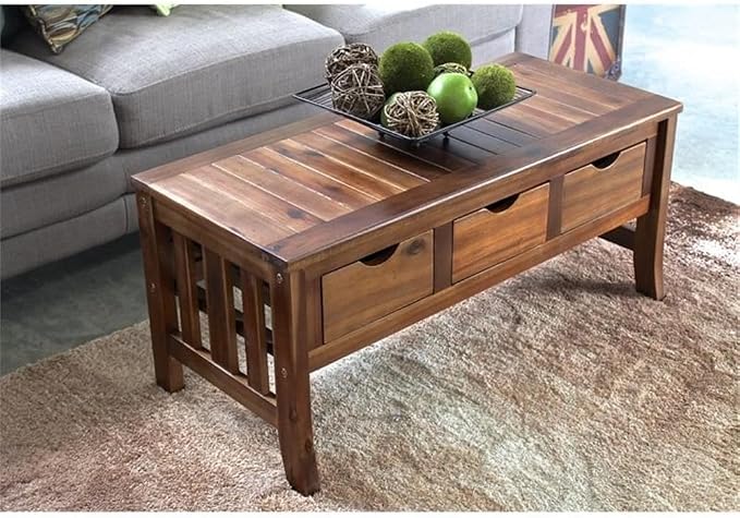 Pemberly Row 38" x 17" Modern Acacia Wood Patio Coffee Table with 3 Drawers, for Indoor/Outdoor Use, in Brown Finish