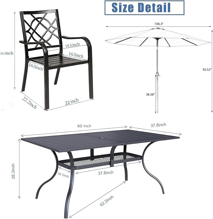 Crownland 7 Piece Outdoor Patio Metal Dining Sets, 6 Stackable Metal Chairs and Rectangular Outdoor Dining Table with with Sky Blue 9FT Round Outdoor Umbrella, for Backyard, Garden (Classic Black)