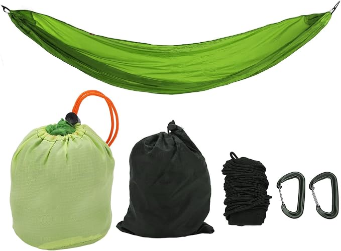 Portable Parachute Camping Hammock, Lightweight Outdoor Hammock with Aluminum Snap Hooks and Storage Bag, Compact Foldable Hammock for Hiking Travel Picnics (Grass Green)