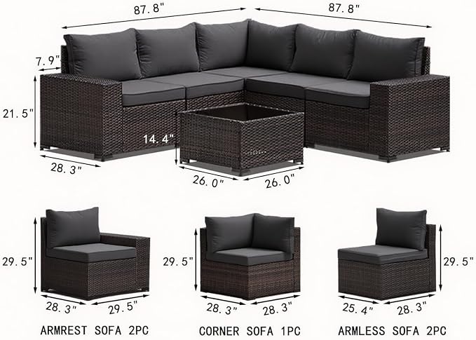 7 Pieces Outdoor Patio Furniture Sets,Wicker Conversation Set Sectional Sofa,Includes 6 All-Weather High Back PE Rattan Seating Components w/Thickened Cushions&Coffee Table,Gray