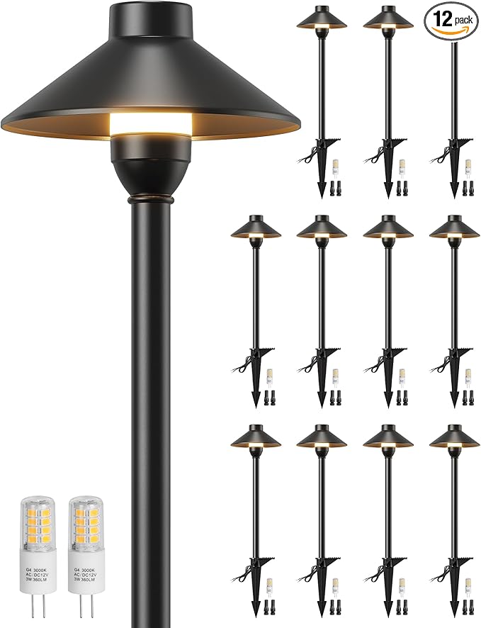 PARTPHONER Low Voltage Landscape Lighting 12-Pack, Aluminum 12V Pathway Lights with G4 Bulbs, Waterproof Stylish Matte Black Color Wired Path Lights with Connectors for Walkway Yard Garden