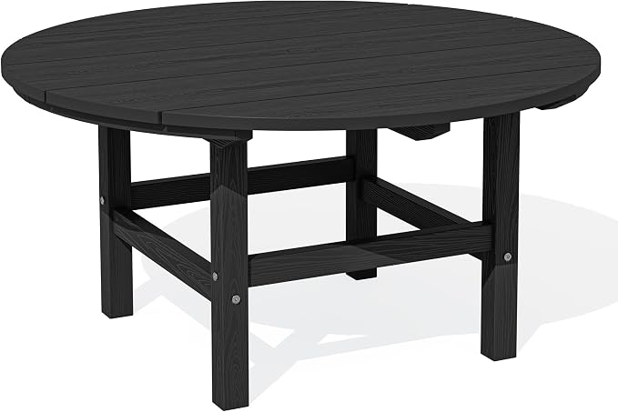 SERWALL 35.5'' Round Outdoor Table with Umbrella Hole, HDPE Weatherproof Coffee Table, Black