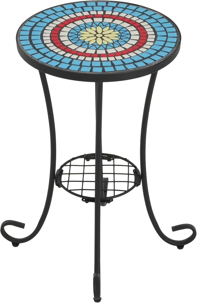 Patio Side Table, Round Ceramic Top, Blue Floral