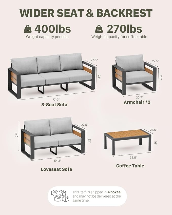 ZANDOR Aluminum Outdoor Patio Furniture Set with Coffee Table, 4 Seats Patio Conversation Sets with Washable Thick Cushions, Outdoor Sectional for Porch, Backyard, Deck, Garden & Poolside, Grey