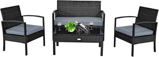 COSTWAY 4PCS Patio Rattan Furniture Set, Outdoor Wicker Conversation Set with Tempered Glass Coffee Table, Seat Cushions, Ideal for Poolside Balcony Porch Backyard