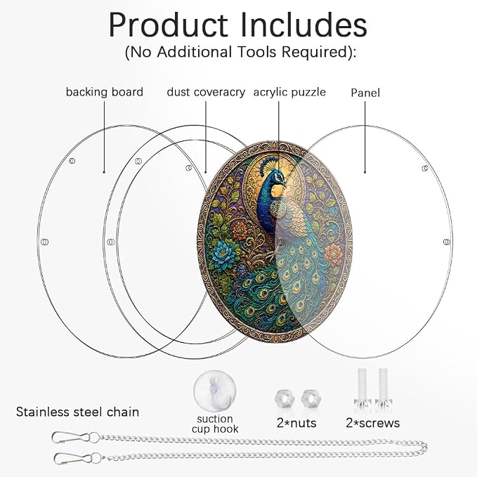 Acrylic Puzzle Suncatcher, Peacock Sun Catcher Jigsaw Puzzle Window Hanging, Acrylic Puzzles Kit Home Garden Decor, Mothers Day Birthday Gifts for Mom, Wife, Sisters, 7.87 inch